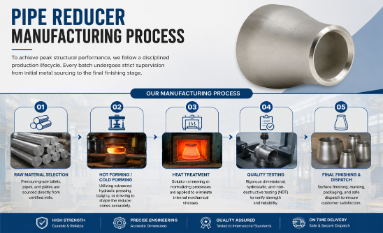 Jaiman Metalloys - Pipe Reducer Manufacturer in India showcasing advanced manufacturing facility infographics and production lifecycle for pipe reducers